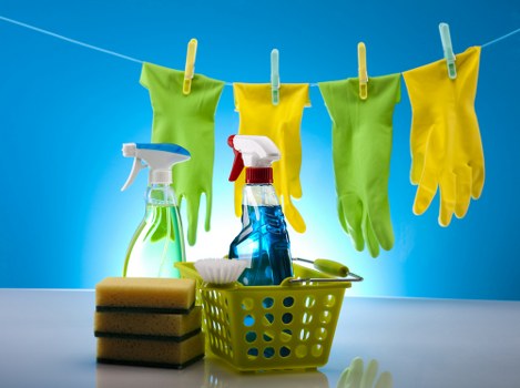 Professional carpet cleaning team working carefully with protective equipment